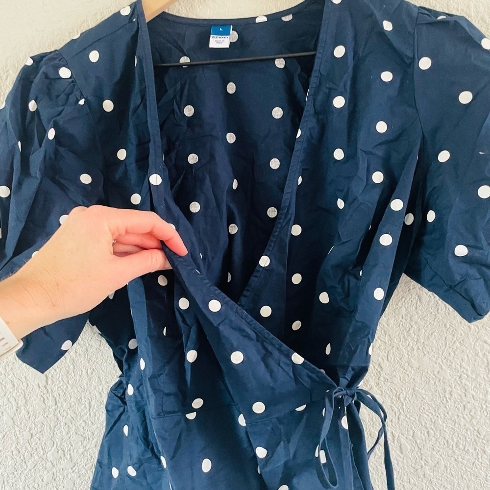 Navy Polkadot Puff Sleeve Wrap Top - Picture 5 of 11